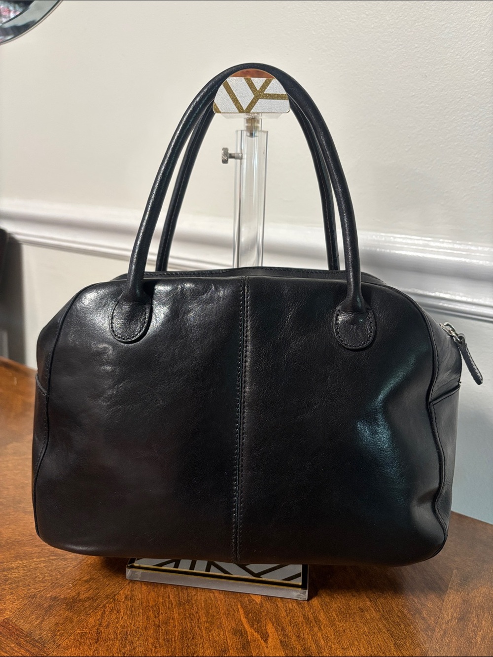 WILSON’S LEATHER Smooth Black Leather Double Top-Handle Satchel with Twilly- EUC - Picture 3 of 16